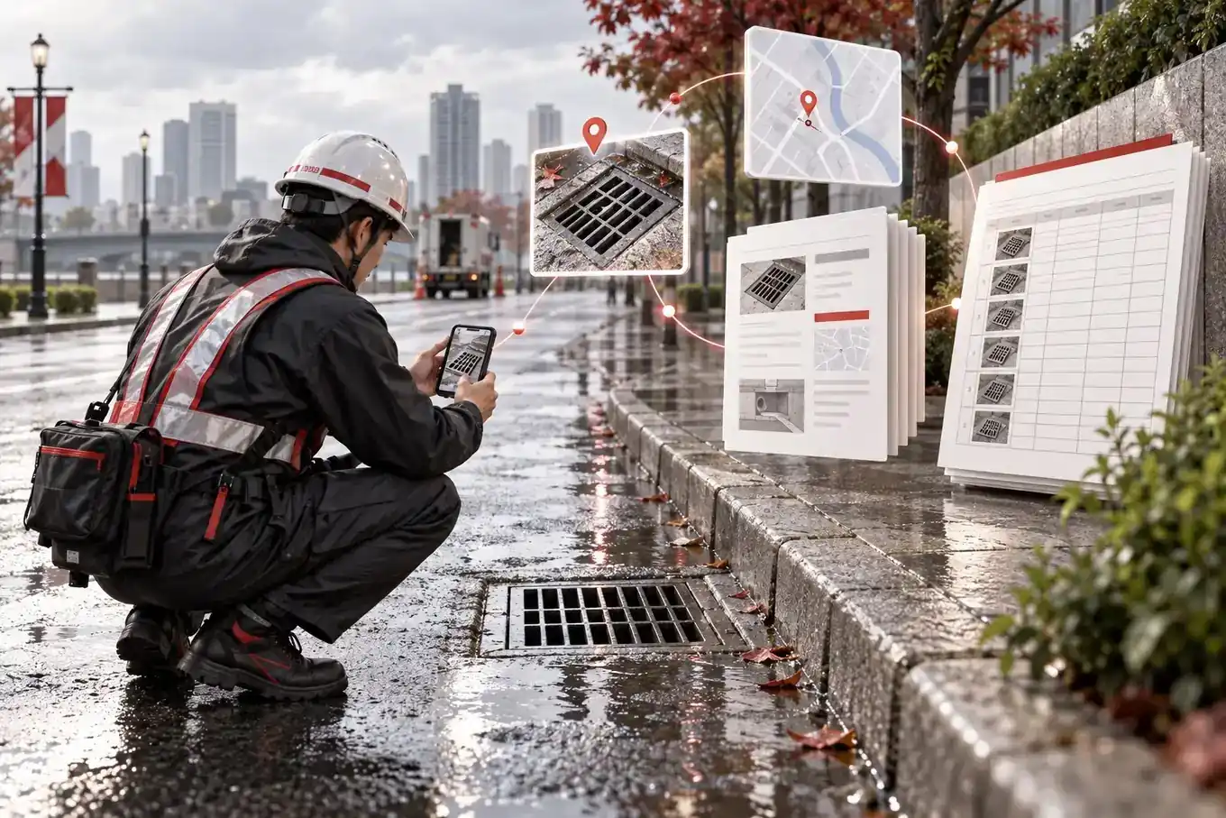 排水设施巡查人员在城市道路现场拍照记录雨水口